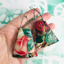 Load image into Gallery viewer, Big Red Roses Upcycled Tin Long Fans Earrings