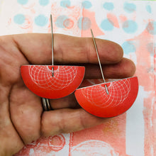 Load image into Gallery viewer, Bright Red Semi-circle Spirograph Upcycled Tin Earrings
