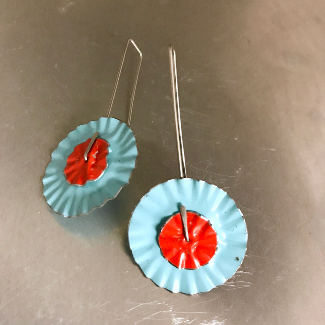 Bright Red & Aqua Ruffled Discs Tin Earrings
