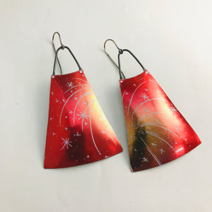 Fireworks on Red Upcycled Vintage Tin Long Fans Earrings