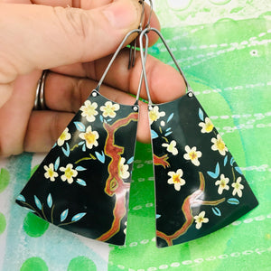 Cherry Blossom on Midnight Upcycled Tin Long Fans Earrings