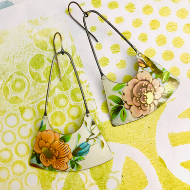 Orange Flower on White Long Tin Earrings