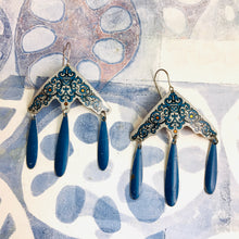Load image into Gallery viewer, Blue Filigree on Gray Zero Waste Tin Chandelier Earrings
