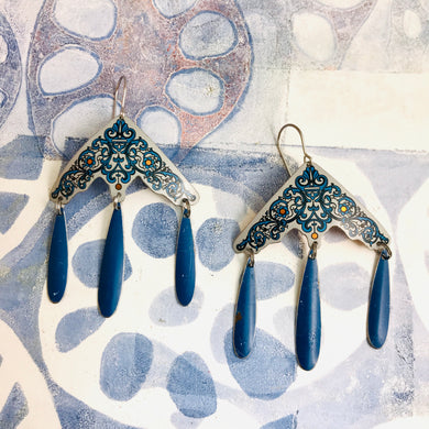 Blue Filigree on Gray Zero Waste Tin Chandelier Earrings