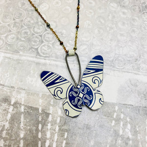 Navy & Cream Small Butterfly Upcycled Tin Necklace
