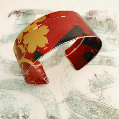 Golden Cherry Blossoms on Scarlet Upcycled Tin Cuff
