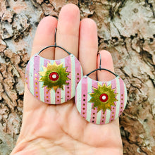 Load image into Gallery viewer, Golden Medallions on Striped Cotton Candy Circles Upcycled Tin Earrings