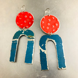 Rustic Sky Blue & Bright Red Upcycled Tin Earrings