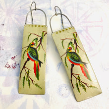 Load image into Gallery viewer, Vintage Green Parrot Long Narrow Tin Earrings
