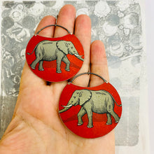 Load image into Gallery viewer, Elephants on Scarlet Circles Upcycled Tin Earrings