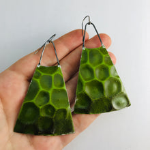 Load image into Gallery viewer, Sap Green Textured Upcycled Vintage Tin Long Fan Earrings