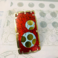 Load image into Gallery viewer, Weathered Red Over Icy Blue Encircled Upcycled Tin Brooch