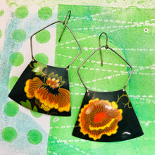 Load image into Gallery viewer, Bright Orange Flowers Upcycled Tin Long Fans Earrings