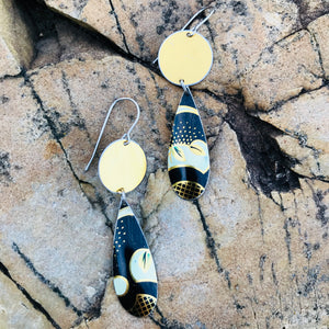 Vintage Black and Golden Discs Upcycled Teardrop Tin Earrings