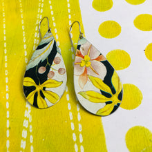 Load image into Gallery viewer, Pale Pink Blossoms Upcycled Teardrop Tin Earrings