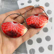 Load image into Gallery viewer, Red Spirograph Gibbous Moon Recycled Tin Earrings