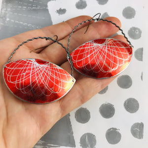 Red Spirograph Gibbous Moon Recycled Tin Earrings