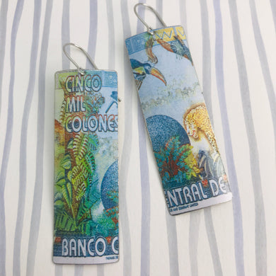 Costa Rica Cinco Mil Colones Rectangle Upcycled Tin Earrings