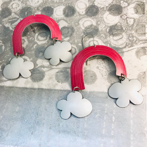 Deep Pink Etched Rainbows with Puffy Clouds Upcycled Tin Earrings