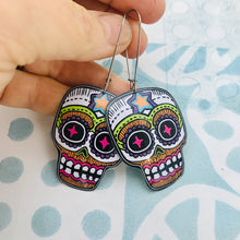 Load image into Gallery viewer, Square Jawed Sugar Skulls Upcycled Tin Earrings