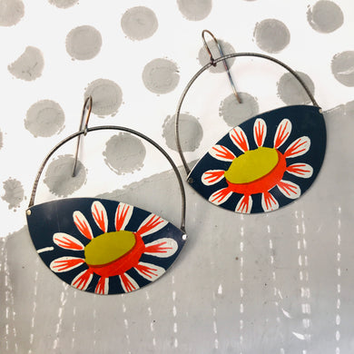 Daisy on Blue Gibbous Moon Recycled Tin Earrings