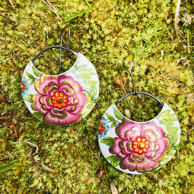 Red Violet Blossoms Circles Upcycled Tin Earrings