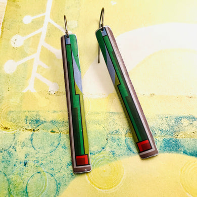 Green Deco Edge Long Narrow Tin Earrings