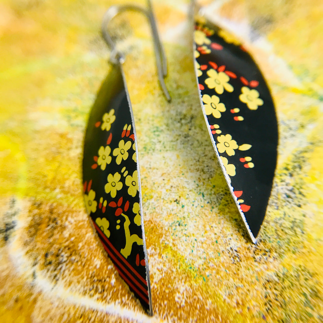 Buttery Blossoms on Black Little Leaf Shape Tin Earrings