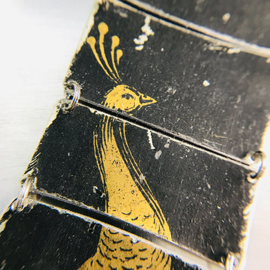 Golden Peacock on Midnight Upcycled Tin Bracelet