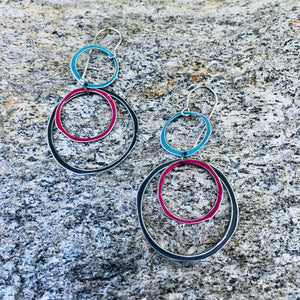 Teal, Cerise & Midnight Circle Scribbles Upcycled Tin Scribble Earrings