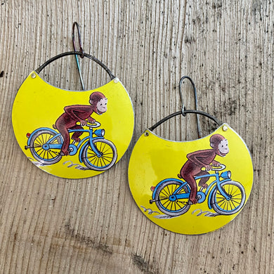 Biking Curious George Circles Upcycled Tin Earrings