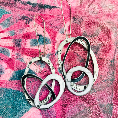 Whites and Black Smaller Scribbles Upcycled Tin Earrings