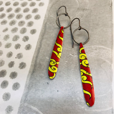 Scarlet with Golden Dragon Long Teardrops Upcycled Tin Earrings