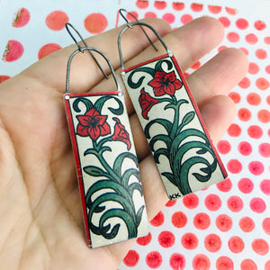 Red Lillies Rectangles Recycled Tin Earrings