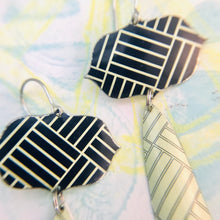 Load image into Gallery viewer, Mixed Parquet Patterns Upcycled Vintage Tin Long Teardrops Earrings