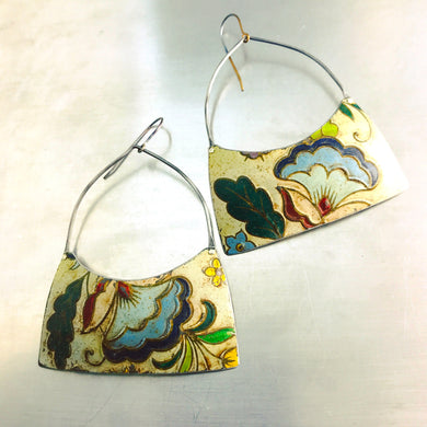 Stylized Blue Flower Vintage Patina Wide Arch Tin Earrings