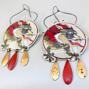 #4 Chinese Dragon Recycled Tin Chandelier Earrings