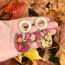 Load image into Gallery viewer, Falling Leaves on Maroon Chunky Horseshoe Tin Earrings