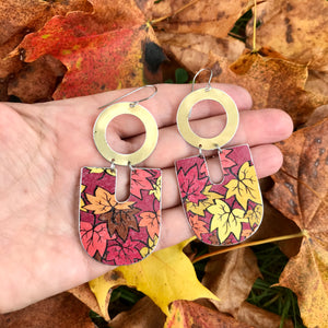 Falling Leaves on Maroon Chunky Horseshoe Tin Earrings