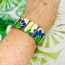 Load image into Gallery viewer, Mod Blue &amp; Green Flowers Upcycled Tin Bracelet