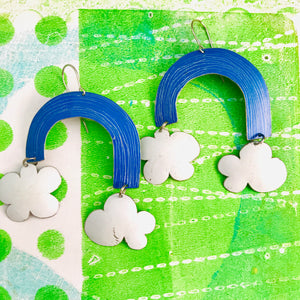 True Blue Etched Rainbows with Puffy Clouds Upcycled Tin Earrings