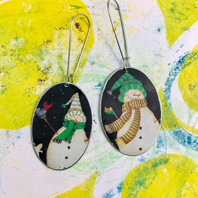 Rustic Snowmen Large Ovals Tin Earrings