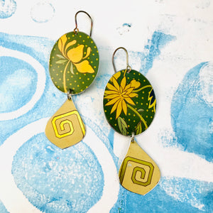 Yellow Flowers on Green Ovals Tin Earrings