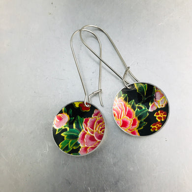 RESERVED Pink Vintage Flowers on Midnight Tiny Dot Tin Earrings