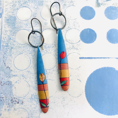 Red & Yellow Tulips Long Teardrops Upcycled Tin Earrings