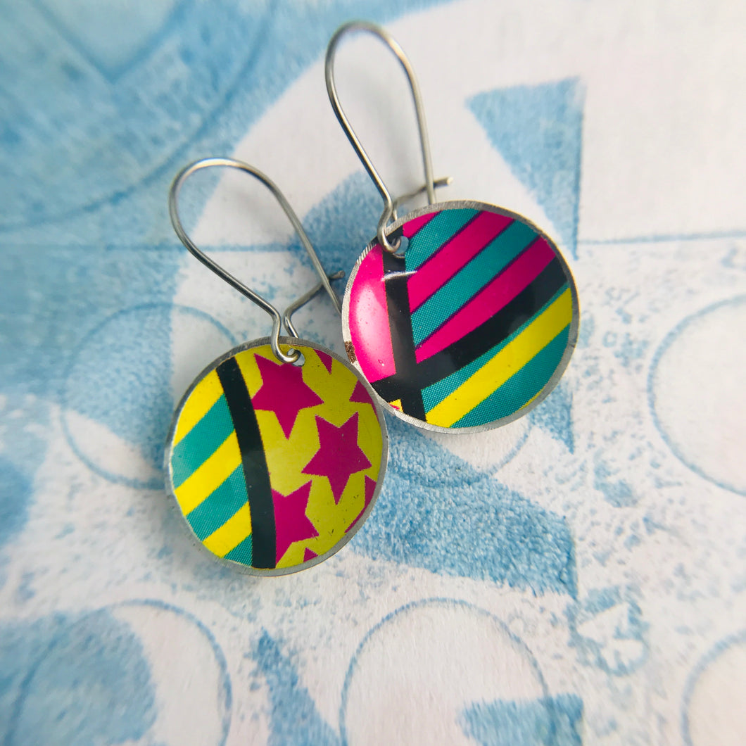 Bright Patterns Hot Pink, Yellow, Teal Upcycled Tiny Dot Earrings