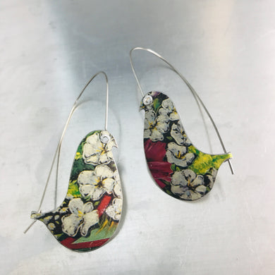 White Flowers Birds on a Wire Upcycled Tin Earrings