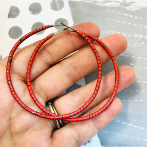 Spiraled Tin Big Warm Red Hoop Earrings