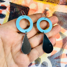 Load image into Gallery viewer, Black Teardrops Aqua Rings Upcycled Teardrop Tin Earrings