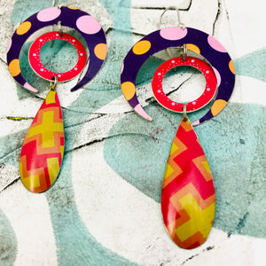 #24 Bold Patterned Protective Crescent, Sun and Rain Upcycled Tin Earrings